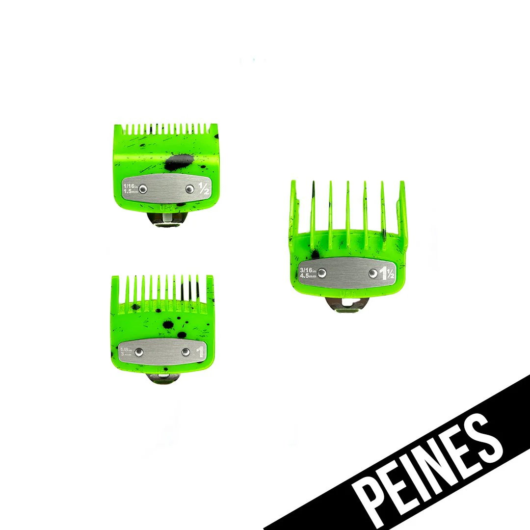 PEINES / GUIAS UNIVERSALES METALICOS X3 VERDE FLUOR CON SALPICADURAS (0.5/ 1/ 1.5)- BRAVO